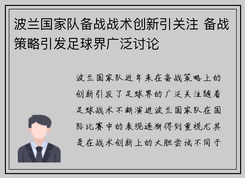 波兰国家队备战战术创新引关注 备战策略引发足球界广泛讨论